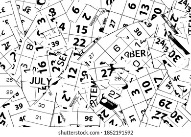Grunge la textura de los fragmentos de hojas de un calendario rodante. Recortando el calendario inverso. Días naturales, días de la semana.