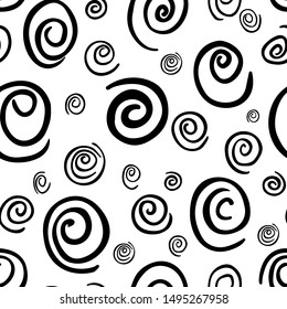Grunge texture seamless pattern of different spirals. Hand drawn ink brush black and white stains design elements. Vector illustration for wallpaper, greeting card, wrapping paper, textile, cover
