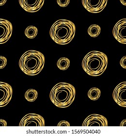 Grunge texture seamless pattern of golden spiral, circles, nests. Hand drawn ink brush bright sparkling shining stains design elements on black. New Year Christmas vector background illustration