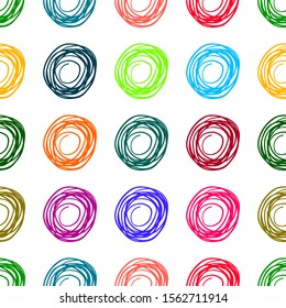 Grunge texture seamless pattern of spiral, circles, nests. Hand drawn ink brush bright multicolored stains design elements background. Wallpaper, wrapping, textile, fabric, cover. Vector illustration