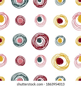 Grunge texture seamless pattern of spiral, circles, nests. Hand drawn ink brush multicolored stains design elements background. Wallpaper, wrapping, textile, fabric, cover. Vector illustration