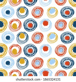 Grunge texture seamless pattern of spiral, circles, nests. Hand drawn ink brush multicolored stains design elements background. Wallpaper, wrapping, textile, fabric, cover. Vector illustration