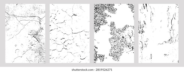 Grunge texture set with cracked, speckled, corroded, and streaked surfaces. Perfect for overlays, posters, digital art, and creative design backgrounds