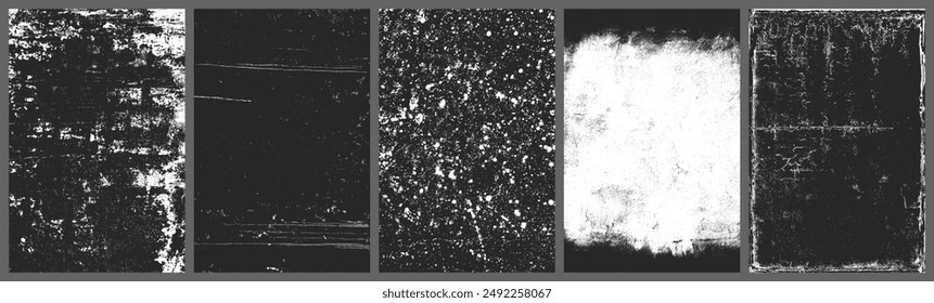 Grunge texture set with distressed noise, scratches and rough abstract surfaces. Black and white vector backgrounds for overlays, posters, print design, branding, editorial and urban graphic projects.