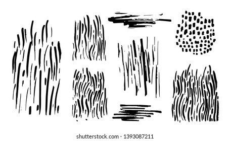 Grunge texture set. Painted by brush. Black spots, lines and strokes. Isolated on white. Vector illustration.