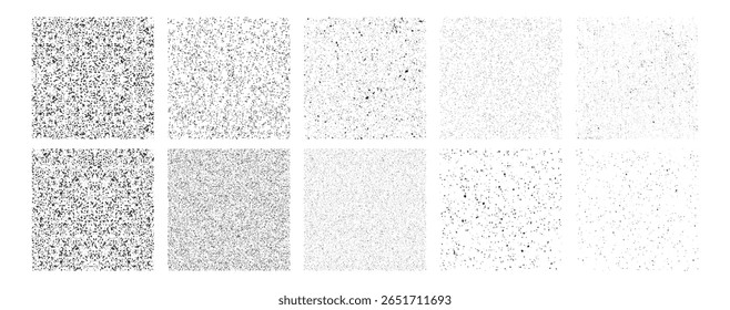 Conjunto de textura grunge. Cobertura de poeira e ruído sutil. Manchas pretas e padrão de rascunho para efeito envelhecido. Resumo fundo angustiado em fundo transparente