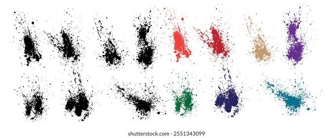 Conjunto de textura de grunge de Vector púrpura, naranja, rojo, verde y negro color pintura tinta salpicadura mancha de sangre ilustración de fondo