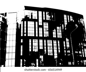 Grunge texture silhouette office building. Black and white vector illustration. Urban design. Design element for print, banners, advertising