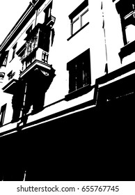 Grunge texture silhouette of a residential apartment building. Black and white vector illustration. Urban design. Design element for print, banners, advertising