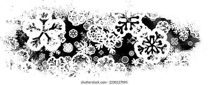 Grunge texture with snowflakes. Useful for social media, banners, Christmas cards, brochures, templates. Overlay texture made with snow flakes and halftone dots. Vector