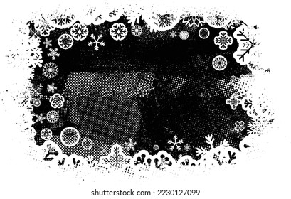 Grunge texture with snowflakes. Useful for social media, banners, Christmas cards, brochures, templates. Overlay texture made with snow flakes and halftone dots. Vector