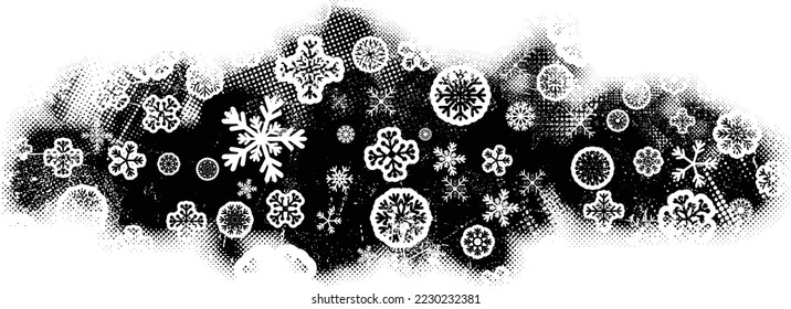 Grunge texture with snowflakes. Useful for social media, banners, Christmas cards, brochures, templates. Overlay texture made with snow flakes and halftone dots. Vector