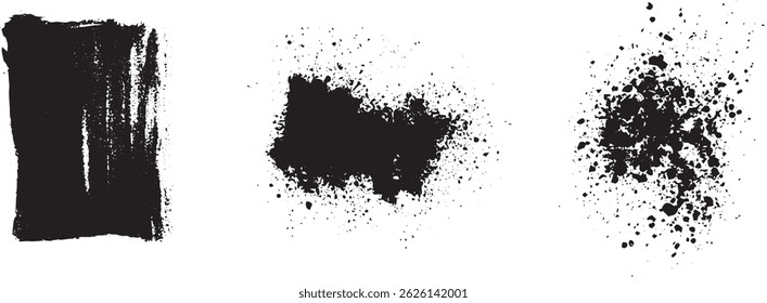 Grunge Texture Splatter and Dry Brush Vector Set, Abstract Black Ink Elements