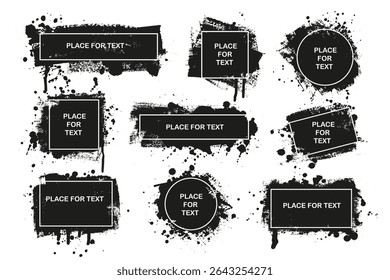 Grunge texture with splatters. Liquid paint drops. Messy abstract ink blots. Dirty hand painted backdrop. Distressed art design. Frame, place for text, message. Quote box. Poster. Overlay texture. 