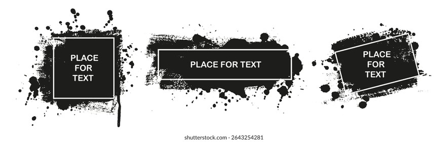 Grunge texture with splatters. Liquid paint drops. Messy abstract ink blots. Dirty hand painted backdrop. Distressed art design. Frame, place for text, message. Quote box. Poster. Overlay texture. 
