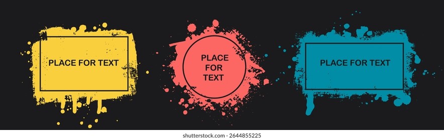 Grunge texture with splatters. Liquid paint drops. Messy abstract ink blots. Dirty hand painted backdrop. Distressed art design. Frame, place for text, message. Quote box. Poster. Overlay texture. 