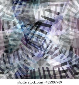 Grunge texture with strips and spots. Black, white and gray. Offset, overlap, overlay, transparency. Abstract seamless vector pattern. Easy editing.