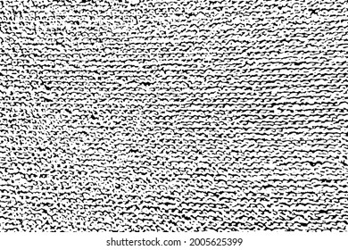 Grunge texture of the surface of a terry towel. Monochrome background of coarse fabric with spots, noise and grain. Overlay template. Vector illustration