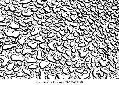 Grunge la textura de la superficie con gotitas de agua en perspectiva. Fondo monocromo de las gotas de lluvia de diferentes tamaños. Plantilla de superposición. Ilustración del vector