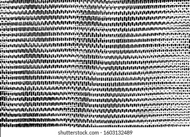 Grunge texture of uneven rough fabric. Abstract monochrome background of spots, dotted stripes, noise and grit. Overlay template. Vector illustration