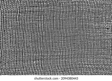 Grunge texture of the uneven surface of the fabric. Monochrome background of a rough canvas with spots, noise and grain. Overlay template. Vector illustration