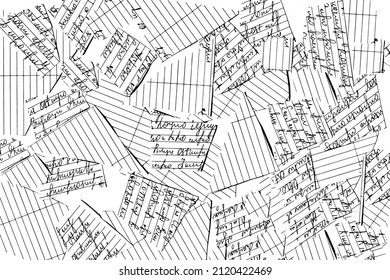 Grunge texture of uneven surface in scraps of paper with unreadable handwriting and blank blank document. Torn papers, documents. Vector illustration. Overlay template.