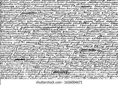 Grunge texture of unreadable careless handwriting. Abstract monochrome background of a handwritten letter. Vector illustration. Overlay template.