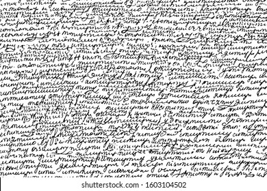 Grunge texture of unreadable handwriting written by hand. The background of a careless, illegible letter. Vector illustration. Overlay template.