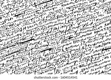 Grunge texture of unreadable handwriting written diagonally. Abstract background of illegible, carelessly written handwritten text. Vector illustration. Overlay template.