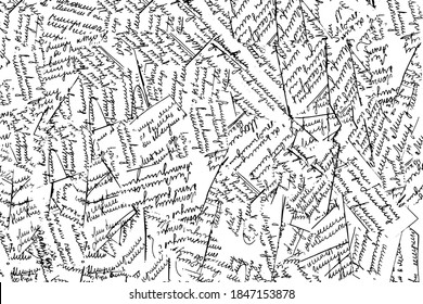 Grunge texture of unreadable handwritten text, letter clippings. Illegible handwriting, scraps of writing. Vector illustration. Overlay template.