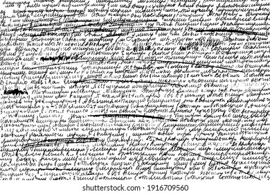 Grunge texture of unreadable illegible, sloppy handwriting, handwritten text. Illegible handwritten text with corrections in ink, strikethrough. Vector illustration. Overlay Template.