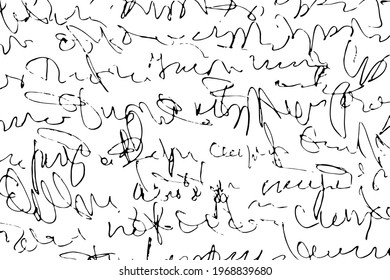 Grunge texture of an unreadable imitation of a handwritten letter. Monochrome background of careless illegible handwriting. Overlay template. Vector illustration