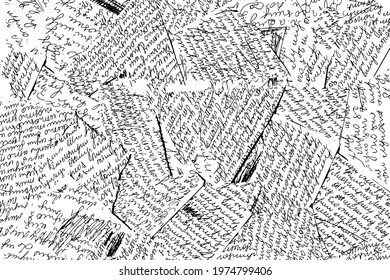 Grunge texture of unreadable sloppy handwriting on scraps of paper. The torn emails are in a disordered order. Background. Vector illustration. Overlay Template.