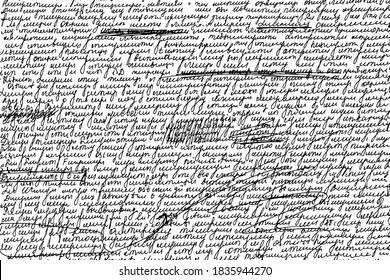 Grunge textura de texto ilegible, escrito sin cuidado con correcciones y tachaduras. Fondo de texto ilegible escrito con tinta con marcas de tachado. Ilustración vectorial. Plantilla de superposición.