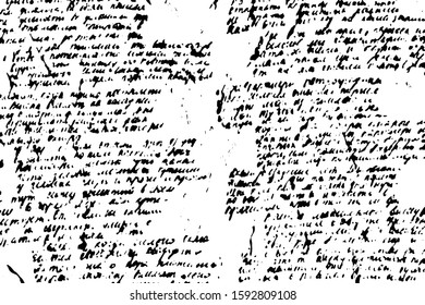 Grunge texture of unreadable text. A monochrome background of illegible letters written by hand. Vector illustration. Overlay template.