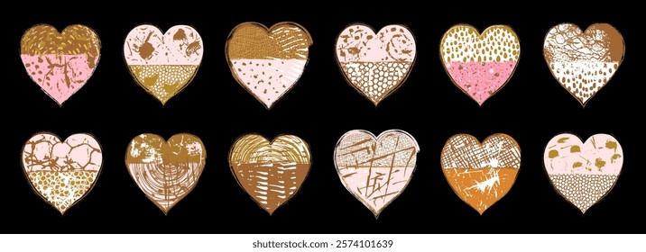 Grunge texture vector hearts in brown, pink and gold colors, Boho geometric heart shapes with rough jagged edges for Valentine's Day and wedding designs