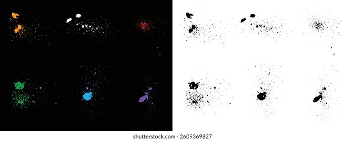 Grunge texture vector yellow, purple, black, blue, green, white, and red color blood ink splatter illustration background set