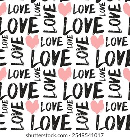 Grunge Texture word Love seamless pattern, original lovely romance drawn Cupid's hearts, Valentine's Day wallpaper for banner, wrapping paper, greeting card