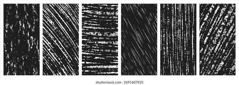 Grunge textured 1:2 backgrounds set. Hand brush ink drawn chaotic striped parallel diagonal hatching, grungy uneven rough streaks strokes stripes blots splash textures. Black white abstract templates