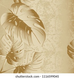 Grunge textured 3d palm leaves vector seamless pattern. Modern floral dirty leafy background. Grungy old paper cracked texture.  Decorative beautiful endless design with place for text. Beige color