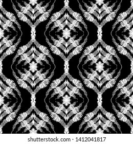 Grunge textured abstract line art seamless pattern. Vector black and white grungy background. Embroidery style doodle hatched ornament. Geometric tapestry rough dirty design.  Endless ornate texture
