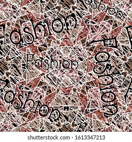 Grunge textured abstract seamless pattern. Vector geometric modern background with fashion words. Dirty zigzag doodle lines repeat backdrop. Rough trendy ornament. Geometry shapes, stripes, letters.