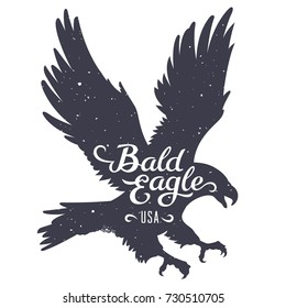 Grunge textured Bald Eagle silhouette and handwritten inscription "Bald Eagle USA" / Vector illustration in hipster style / T-shirt graphics