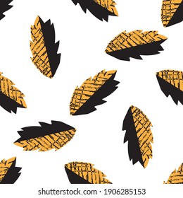 Grunge textured black and orange leaf seamless vector pattern background. Backdrop with scattered falling leaves. Modern botanical design with scribbled texture. All over print for masculine fashion