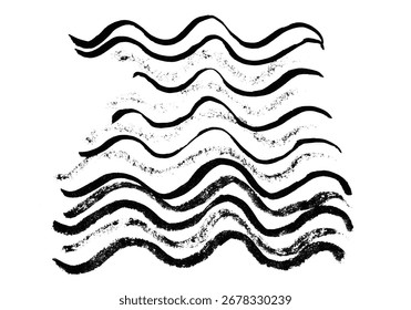 Grunge texturizado negro ondulado pincel de Vector conjunto de trazo. Textura Abstractas monocromática de las líneas de la onda marina para el diseño del cepillo, fondo, decoración del Anuncio, efecto de la superposición