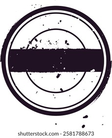 Grunge textured blank circular stamp featuring a bold black horizontal stripe, providing ample copy space, isolated against a clean white background for versatile use