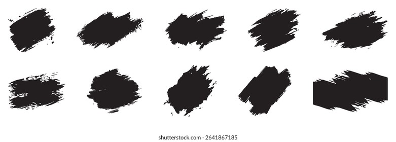 Grunge textured brush stroke set with abstract black ink smear rough bold paint splash artistic smudge shape vector illustration.