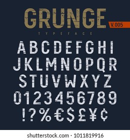 Grunge textured font. Rough alphabet with cracks and scratches. Latin alphabet letters and numbers. Vectors