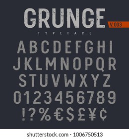 Grunge Textured Font. Rough Stamp Textured Typeface. Latin Alphabet Letters And Numbers.