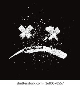 Grunge textured hand drawn styled sad face emoji. White on black background. Bad emotion or bad mood, depression, mental health concept. Vector illustration.